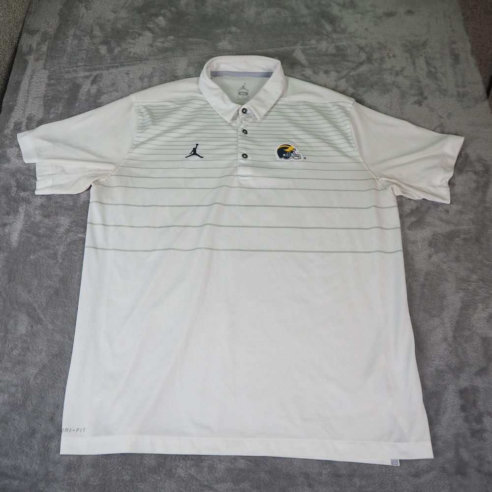 Jordan Brand Polo Shirt Mens XL White Striped Michigan Wolverines NCAA Golf XL